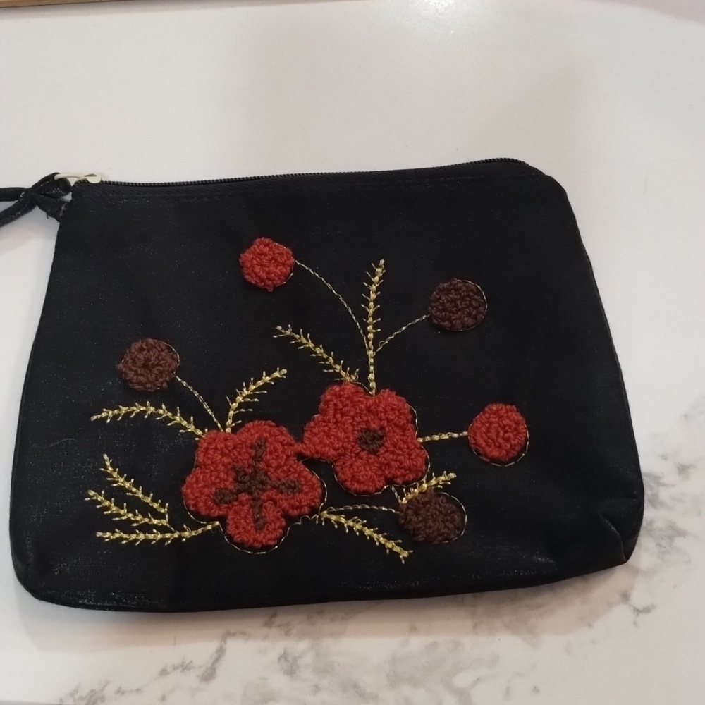 Hand stitch vintage black satin pouch mini bag coin purse strap floral design
